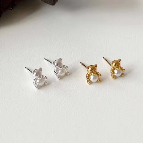 Ohrringe m. Bär, kleine Perle, Sterling Silber 925.