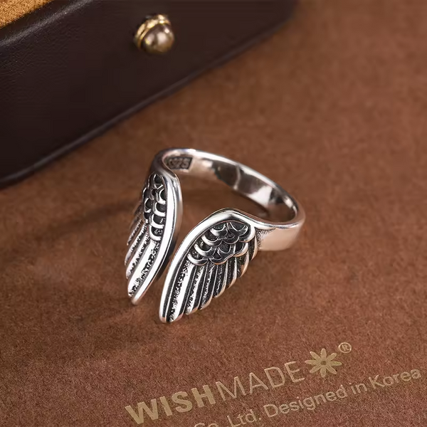 Damen- und Herrenring, Silber 925, geschwärzte Engelsflügel, größenverstellbar