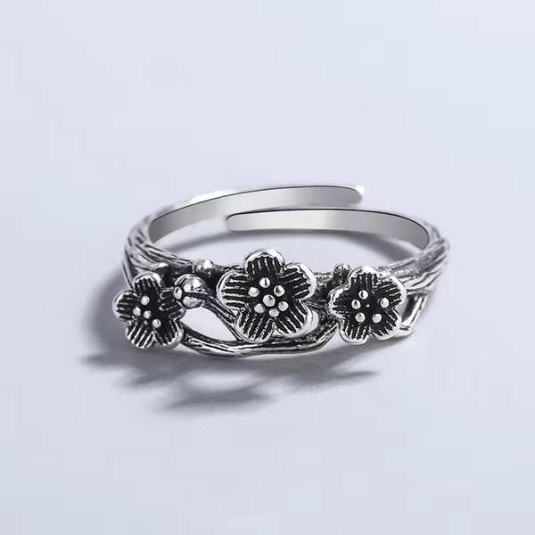 Damen Ring Blumen Sterling Silber 925 Geschwärzt Blüte größenverstellbar