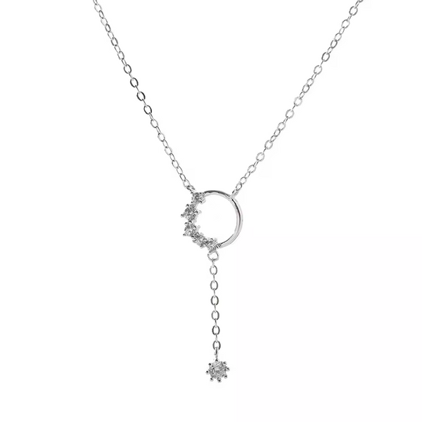 Damenhalskette mit Anhänger, Kreis und langen Quasten, Zirkonia, Silber 925.
