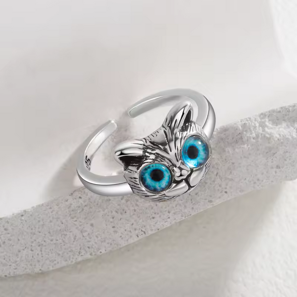 Damen Ring mit Katzen motiv und blauen Augen, Sterling Silber 925, Offen