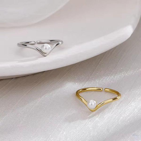 Schmaler V Damen Ring mit Perle Sterling Silber 925 dünn größenverstellbar