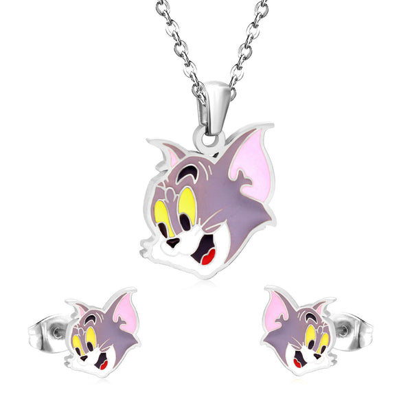 Tom & Jerry Edelstahl Halskette & Ohrringe Kinder & Mädchen Schmuckset Set