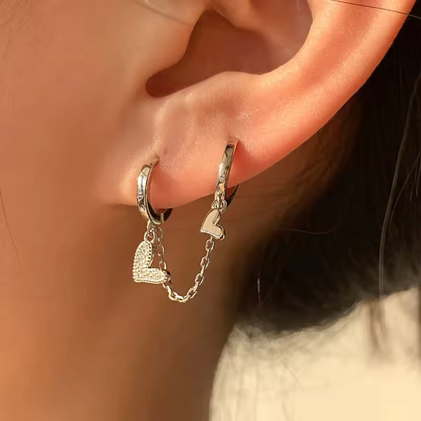 Herzen Ohrring für zwei Ohrlöcher mit Kette Silber 925 Zikronia Damen Creolen
