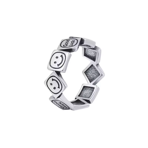 Damen Ring Lachen-Motiv Sterling-Silber 925, Viel Glück Schwarz offene Größe.