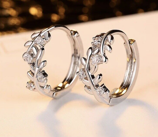 Creole Damen Mädchen Silberblatt mit Zirkonia Ohrringe