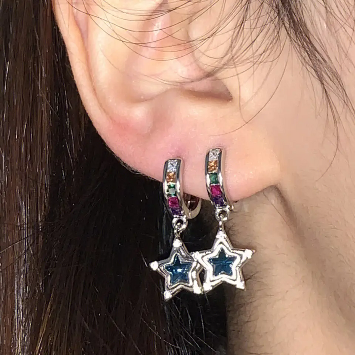 Creolen mit Anhänger Stern Sterling Silber 925 Zirkonia Damen Ohrringe - Vipfashion797