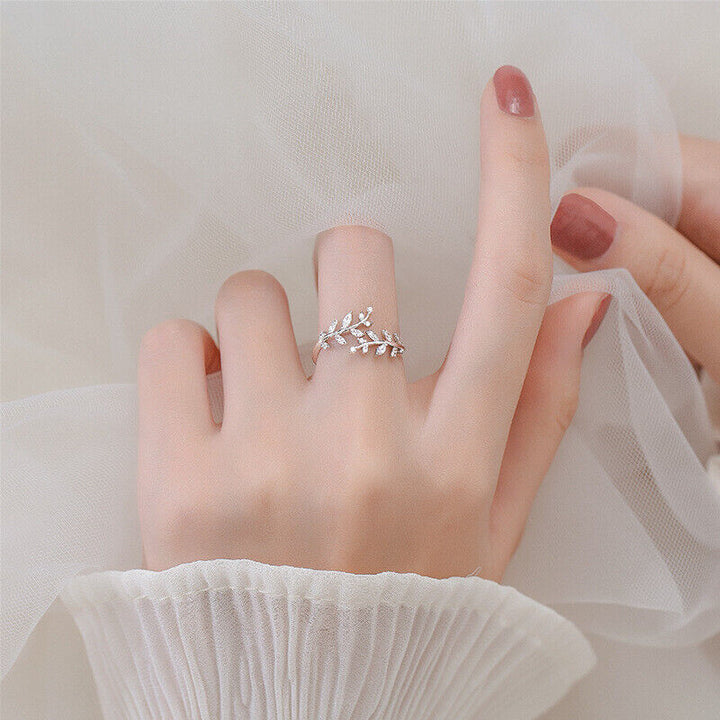 Damen Ring Blatt mit Zirkonia Sterling Silber 925 verstellbar  47-56 - Vipfashion797