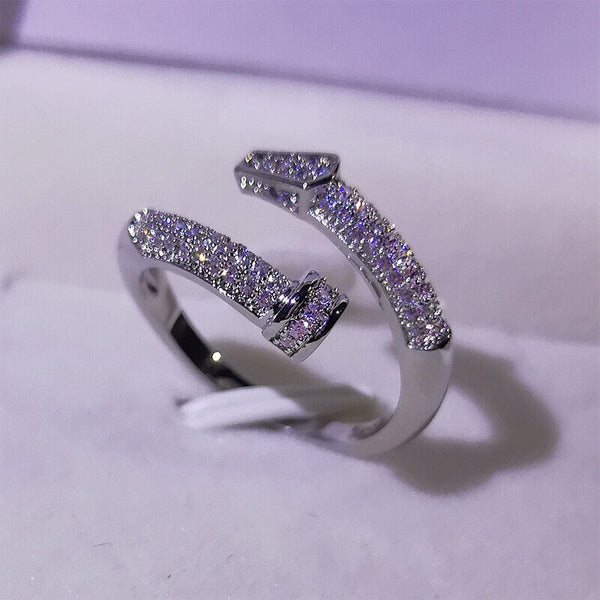 Silber Ring Platiniert 925 Gemeißelt Glänzend mit Zirkon verstellbar 49-47