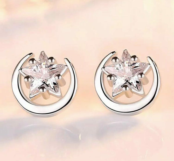 Damen Ohrrınge Mond - Stern Silber 925 Zirkonia Damen Ohrringe