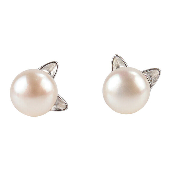 Damen Ohrringe Katze Silber 925 Perle Weiß 8 mm