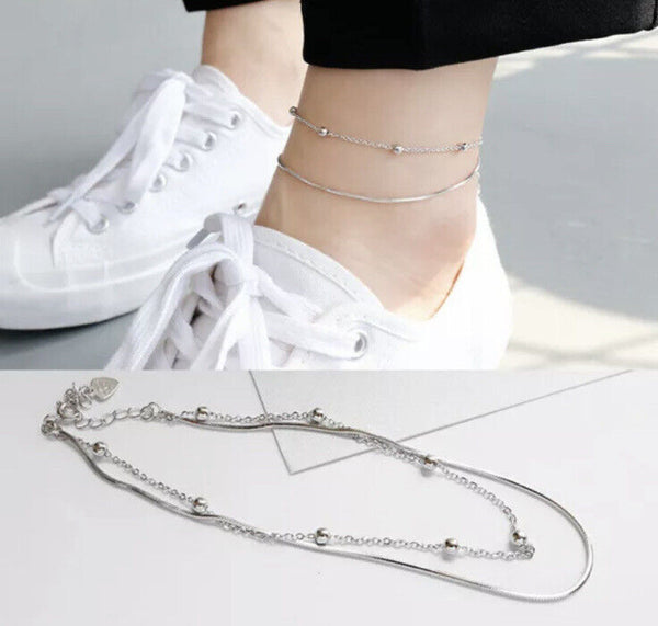 Doppelarmband Kugel Silber 925  Damen Armkette Fußkettchen 21 cm