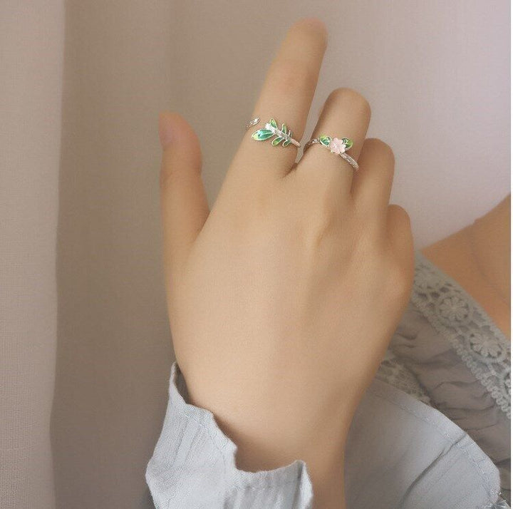 Ring Grüne Blätter & Blume Silber 925 offen 49-53 - Vipfashion797