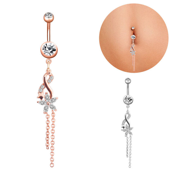 Edelstahl Bauchnabel Piercing Gebogener Stab Zirkon Nabel Kristall Banane Kette