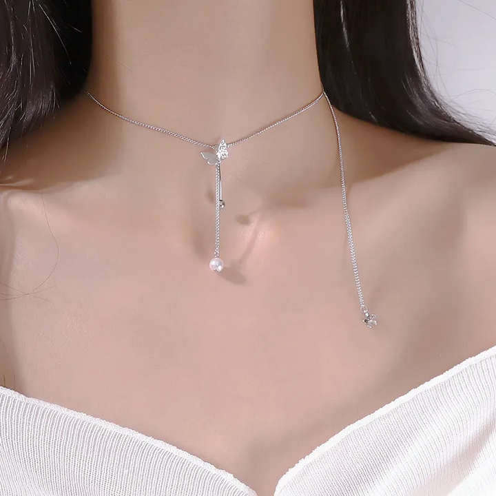 Halskette Choker Schmetterling echt Sterling Silber 925 Perle &Zirkonia. - Vipfashion797
