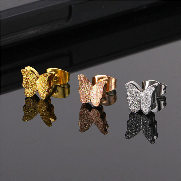 Damen Ohrstecker Glitzer Schmetterling Edelstahl Rosegold Ohrringe 12mm