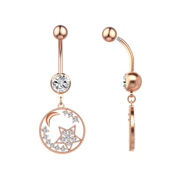 Edelstahl Mond Stern Bauchnabelpiercing Silber Rosegold Piercing Kristall