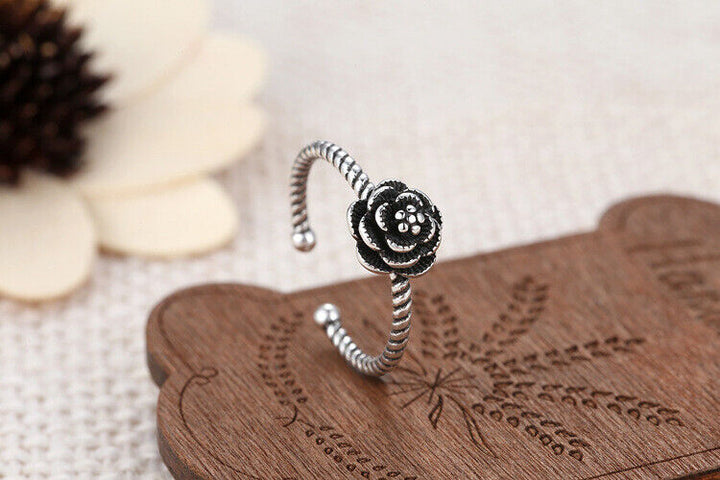 Damen Ring Blume Sterling Silber 925 Geschwärzt verstellbar 46-53 - Vipfashion797