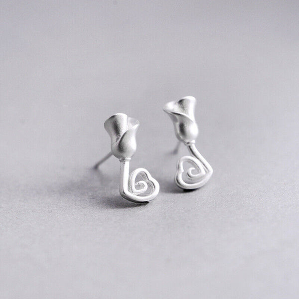 Ohrstecker Tulpen & Herz Silber 925 Ohrringe Damen Blumen Geschenk