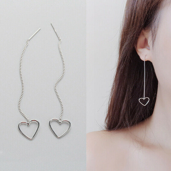 Ohrringe Durchzieher Herz lange Kette Sterling Silber 925 Damen Ohrringe