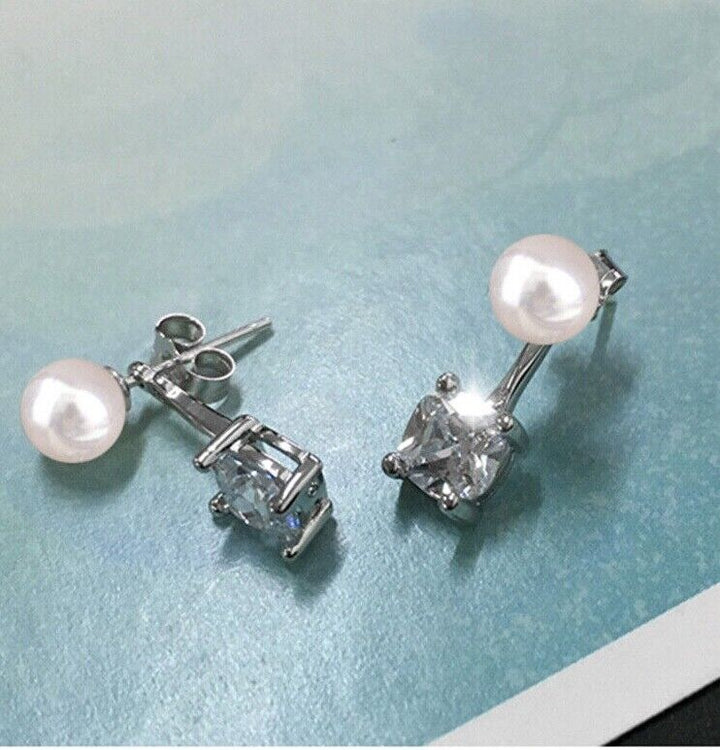 Ohrhänger Quadrat echt Sterling Silber 925 Zirkon-Perle Damen Ohrringe - Vipfashion797