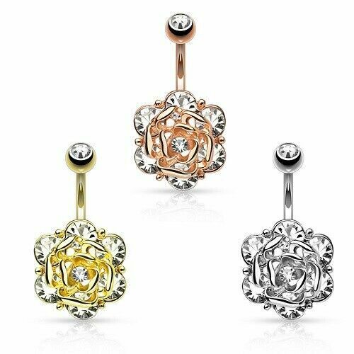 Bauchnabelpiercing Schmuck Blume mit Kristallen Silber &Rosa& Gold