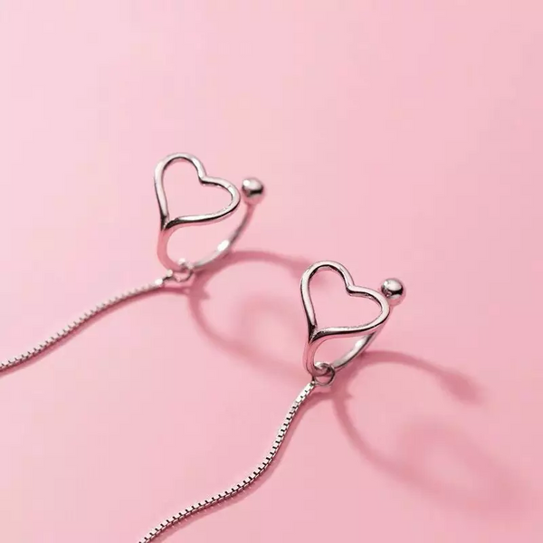 Herz Durchzieher Sterling Silber 925 Damen Ohrklemme Ohrringe mit Ketten