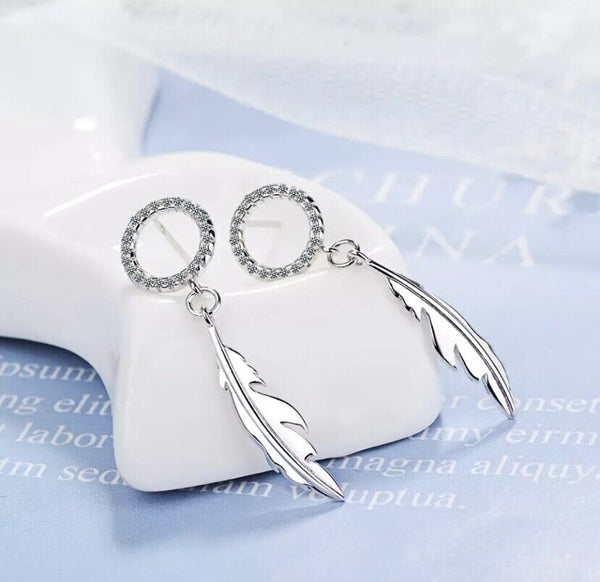 Ohrstecker mit Anhänger Feder Zirkonia Silber 925 Damen Ohrringe