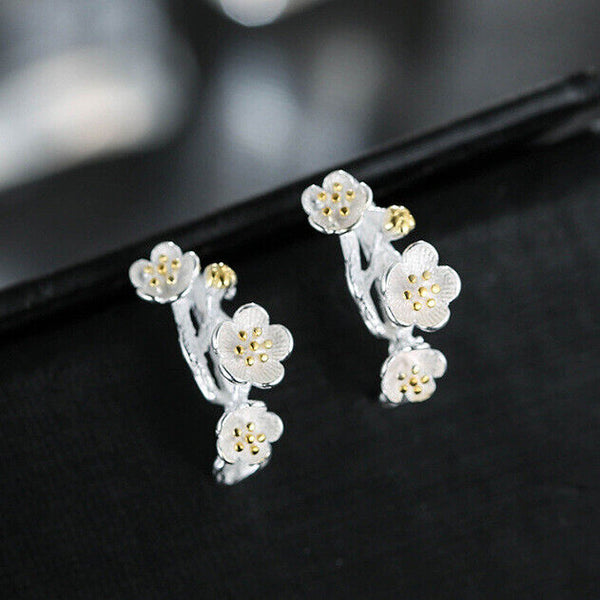 Halb Creolen Blumen Sterlingsilber 925 Damen Ohrstecker Ohrringe - Vipfashion797