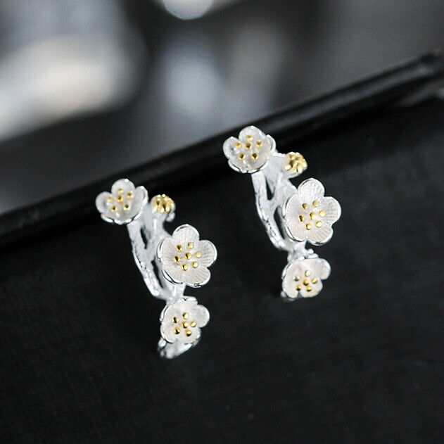 Halb Creolen Blumen Sterlingsilber 925 Damen Ohrstecker Ohrringe - Vipfashion797