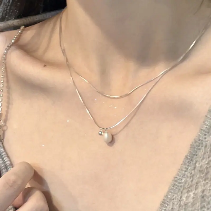 Doppelte Halskettemit mit Perle Sterling Silber 925 Damen Mädchen Collier - Vipfashion797