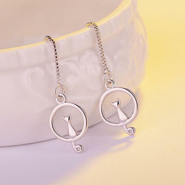 Katze Durchzieher Sterling Silber 925 Damen Ohrringe