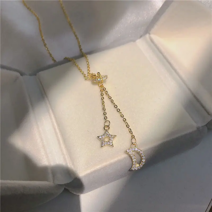 Halskette Stern-Mond Sterling Silber 925 Zirkonia Damen Schmuck - Vipfashion797