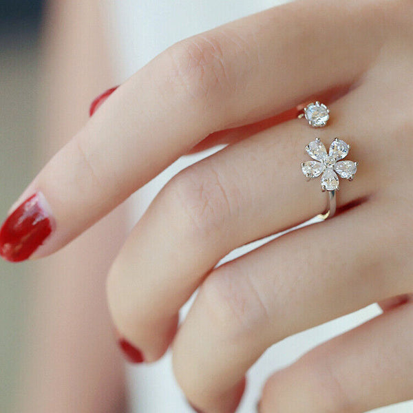 Damen Ring Blume mit Zirkonia verstellbar 54-57