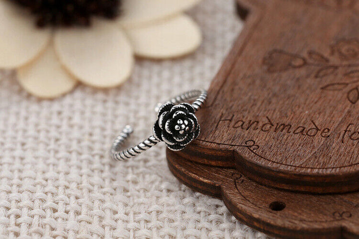 Damen Ring Blume Sterling Silber 925 Geschwärzt verstellbar 46-53 - Vipfashion797