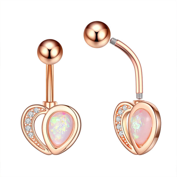 Herz Bauchnabelpiercing Gebogener Stab Zirkon Opal Nabel Silber-Rosegold