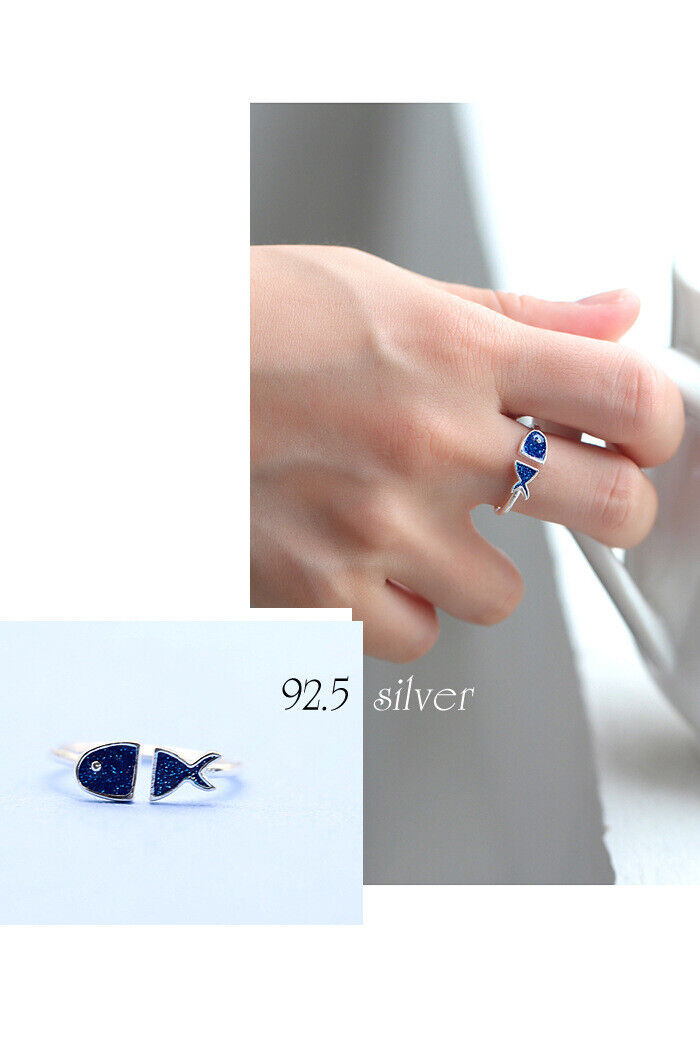 Damen Ring Fisch Sterlingsilber 925 Zirkonia blau verstellbar 51-55 - Vipfashion797