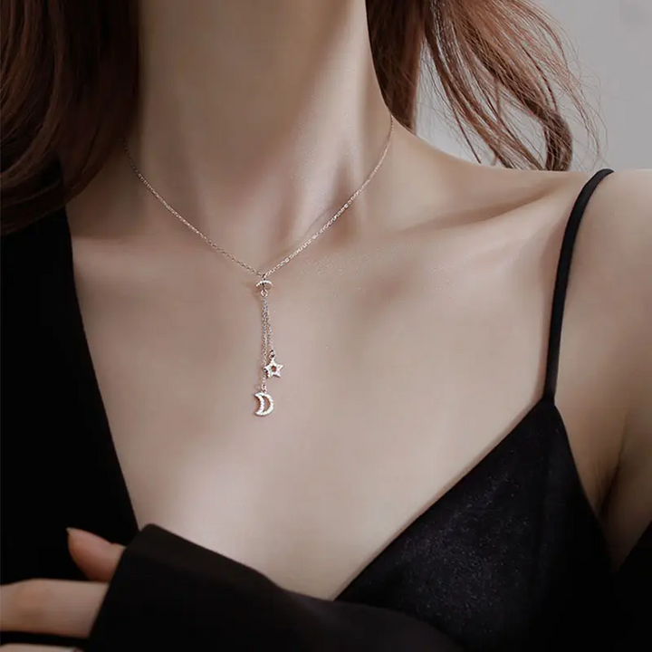 Halskette Stern-Mond Sterling Silber 925 Zirkonia Damen Schmuck - Vipfashion797
