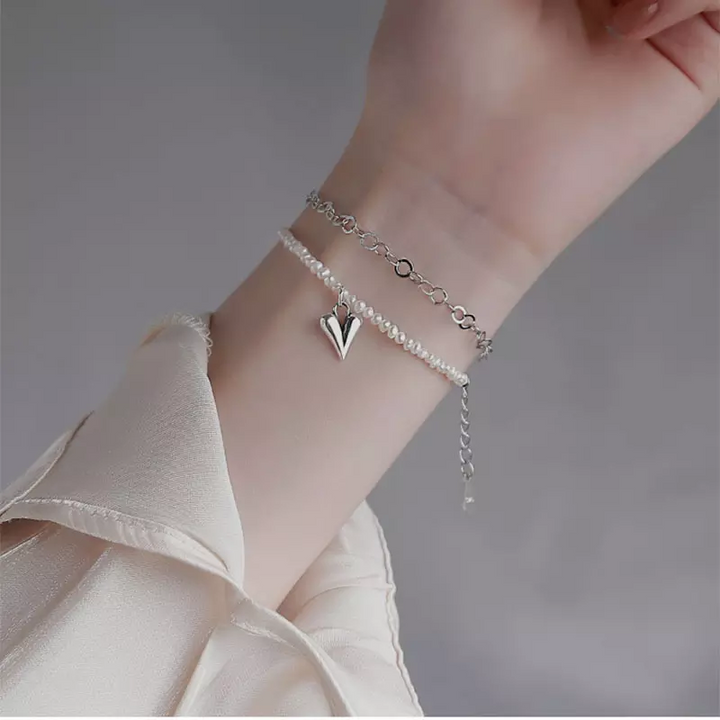 Damen Arm-Fußkette Sterlingsilber 925 mit mini Perle Herz Anhänger Neu - Vipfashion797