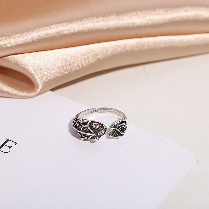 Ring Fisch Silber 925 Geschwärzt Damen 50 - 60 Verstellbar - Vipfashion797