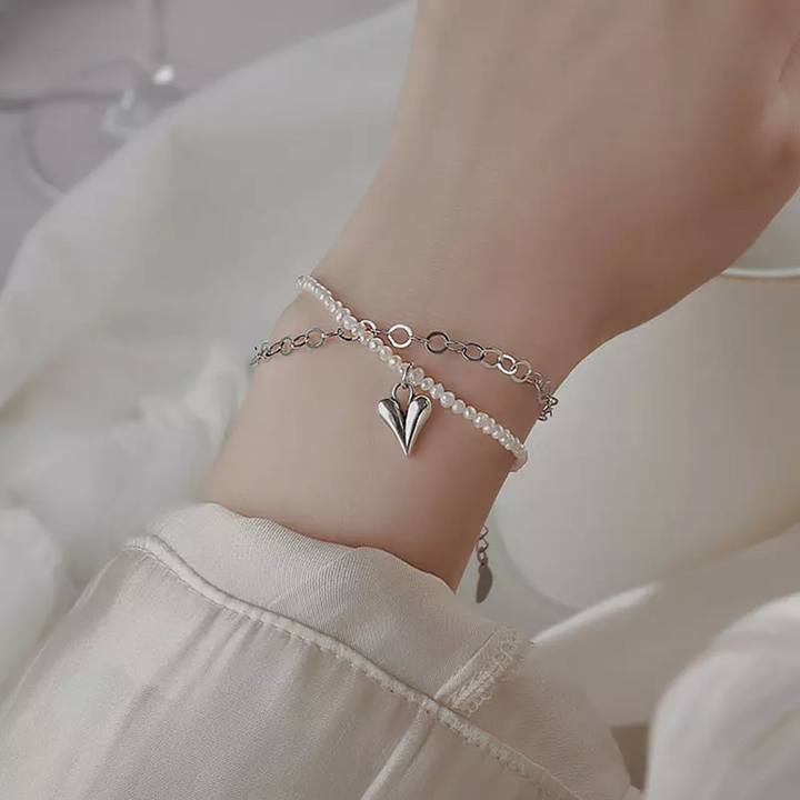 Damen Arm-Fußkette Sterlingsilber 925 mit mini Perle Herz Anhänger Neu - Vipfashion797