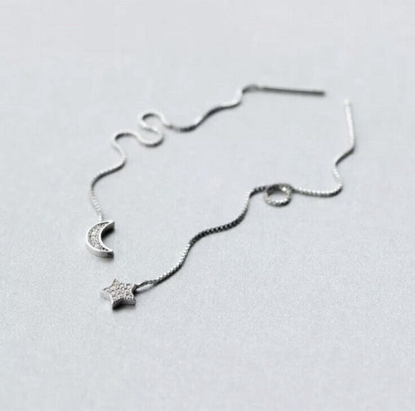 Damen Durchzieher Mond & Stern Silber 925 Mädchen Ohrringe