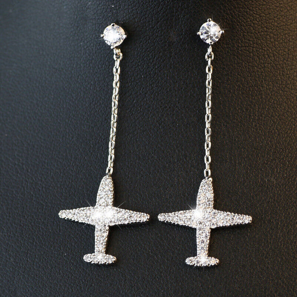 Langkette Ohrstecker Flugzeug Silber 925 Ohrringe Damen Mädchen