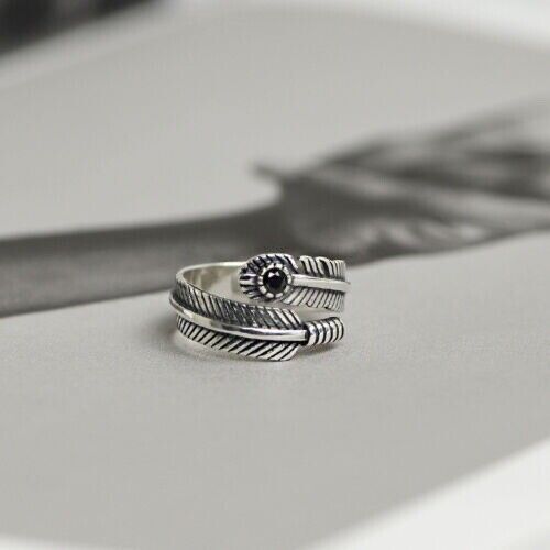 Damen Ring Feder Sterling Silber 925 Geschwärzt Anpassbar für alle Größen