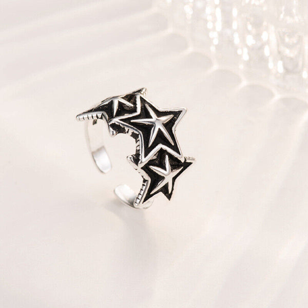 Damenring Sterlingsilber 925 Geschwärzt Sternen Ring verstellbar 47-51