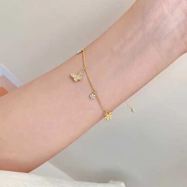 Armband Schmetterling-Blumen Sterlingsilber 925 Zirkonia Mädchen Armkette