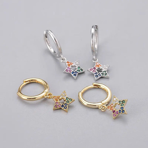 Creolen Stern Anhänger Sterling Silber 925 Multi Zirkonia Damen Ohrringe