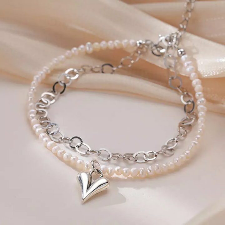 Damen Arm-Fußkette Sterlingsilber 925 mit mini Perle Herz Anhänger Neu - Vipfashion797