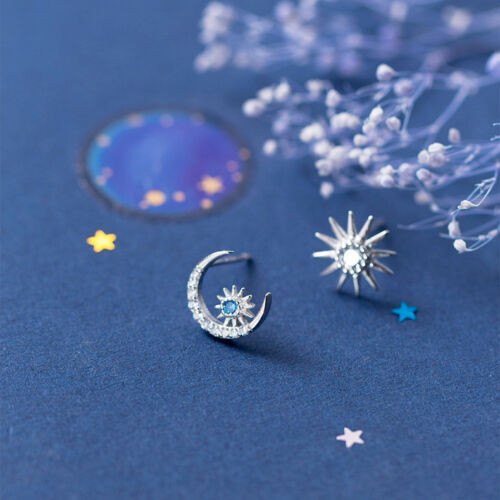 Ohrstecker Sonne-Mond Sterling Silber 925 Blau Zirkonia Damen Ohrringe - Vipfashion797