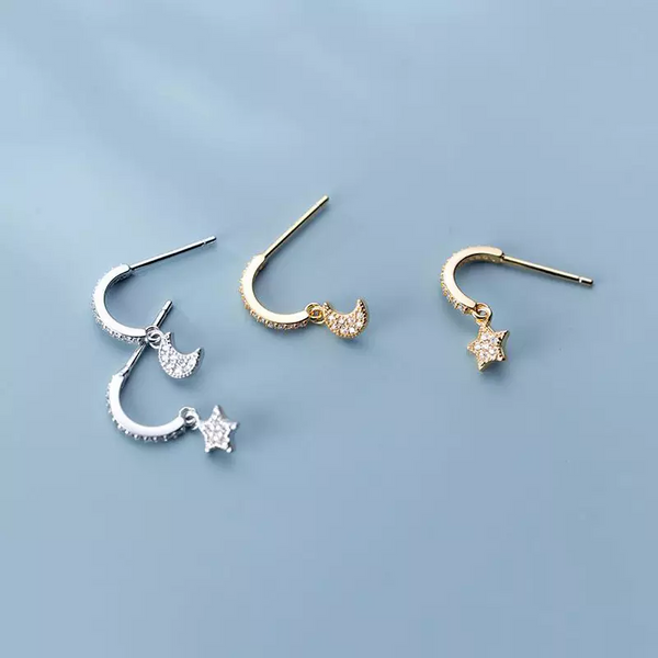 Ohrstecker Halb Creole Sterlingsilber 925 Stern-Mond Zirkonia Damen Ohrringe